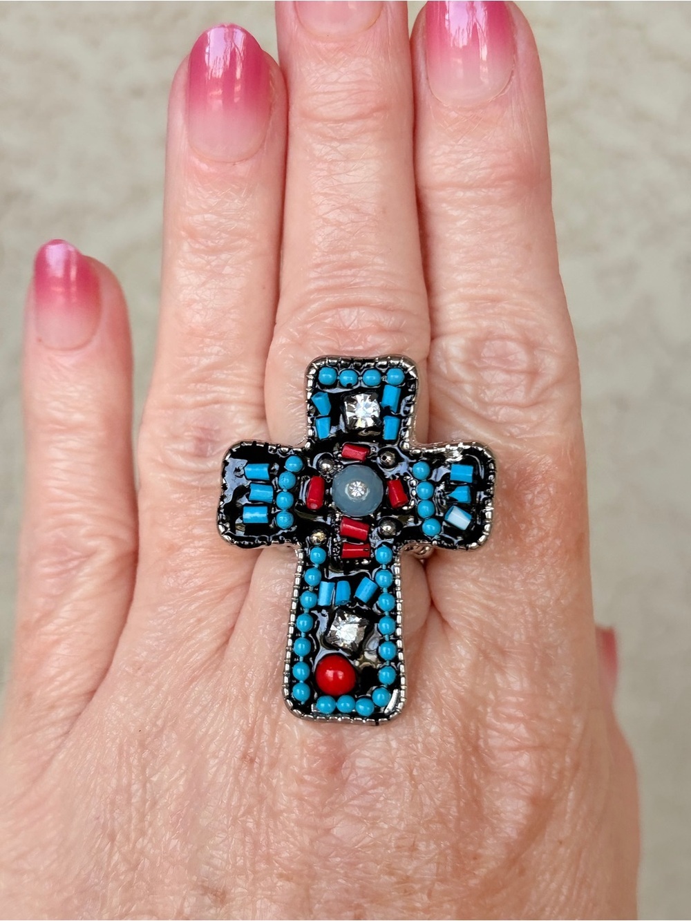Statement Turquoise & Red Cross Ring - Women Jewelry